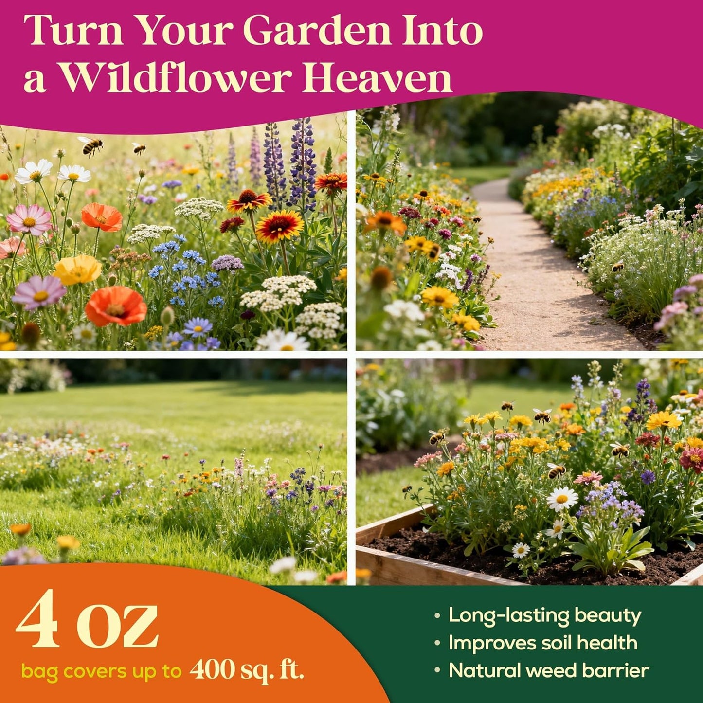 Seedphony 21 Annual Wildflower Mix - 100,000 Non-GMO Heirloom Seeds in Waterproof Packet | Attract Bees & Butterflies