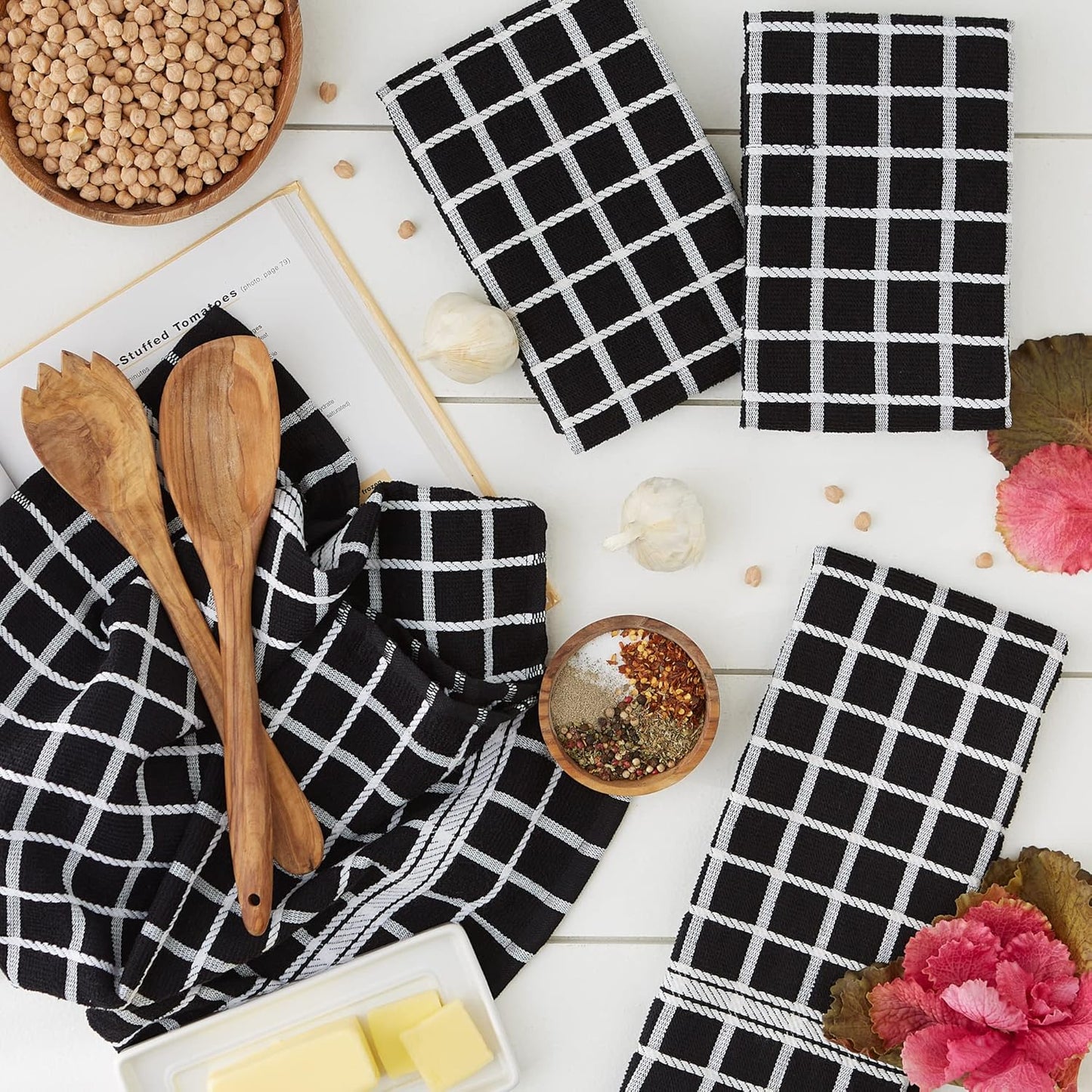 Black Check Windowpane Dishtowel Set - 4-Piece Terry Collection, 16x26