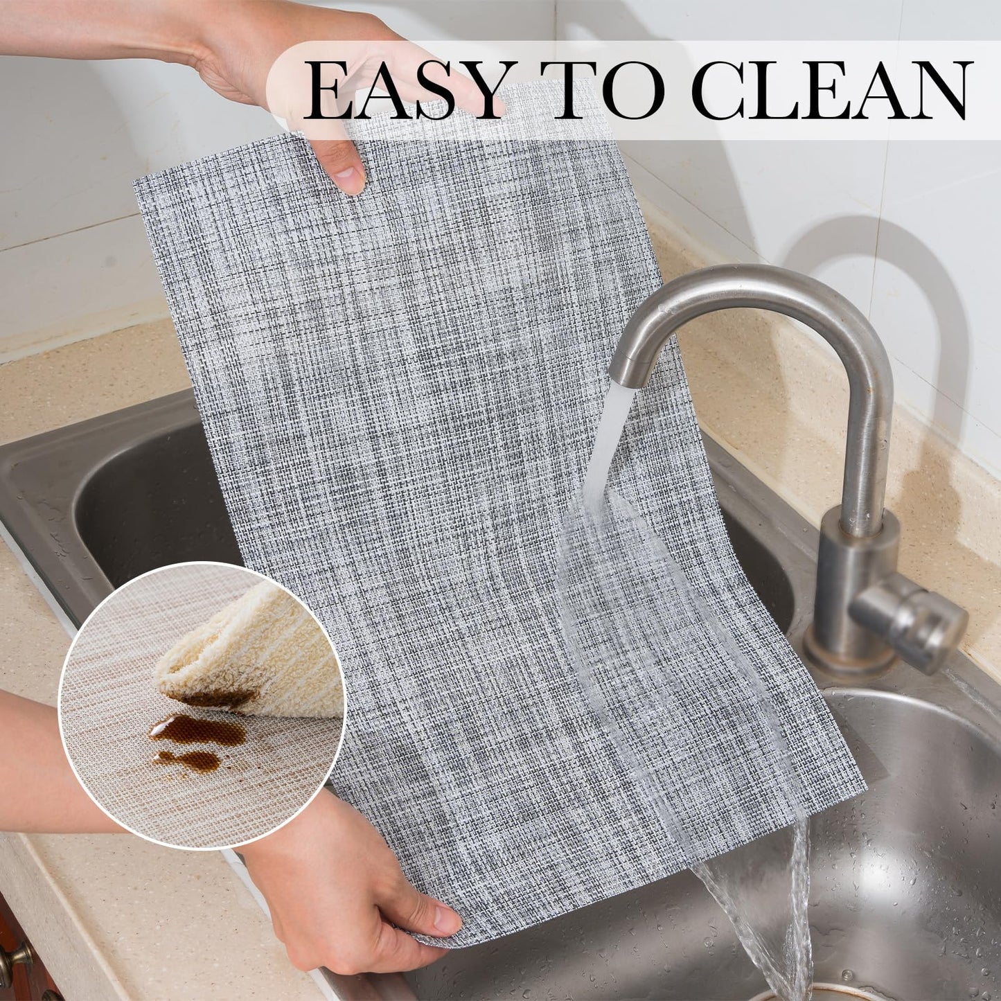 BACKTOEDEN Placemats Set of 6 Heat Resistant Washable Wipeable Placemat Woven Non-Slip Foldable Vinyl/Plastic Place Mats Indoor/Outdoor Mat Kitchen Dining Table Pad, Gray
