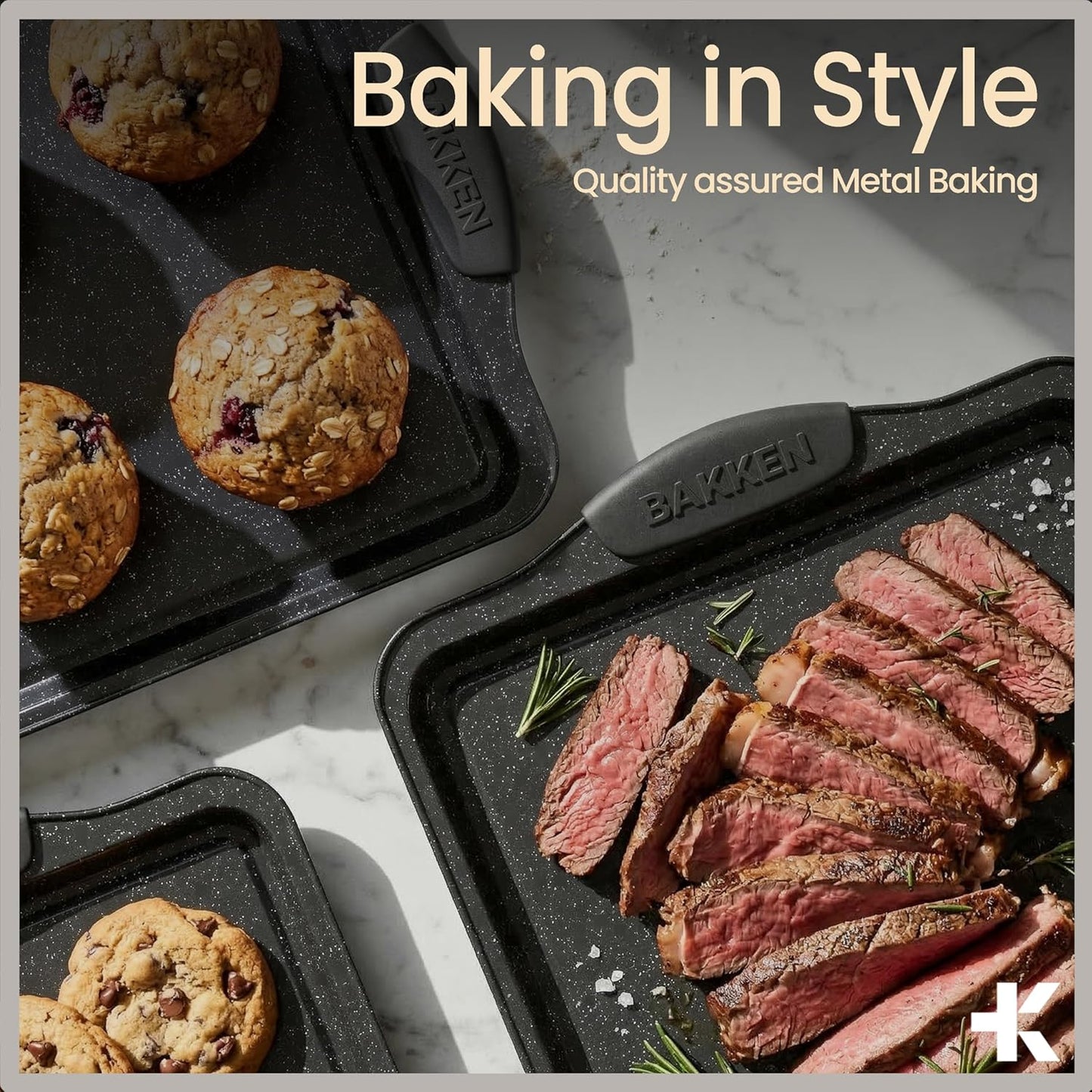 BAKKEN 8-Piece Nonstick Baking Pans Set - Professional Gray Marble Bakeware with Silicone Handles | Oven & Dishwasher Safe