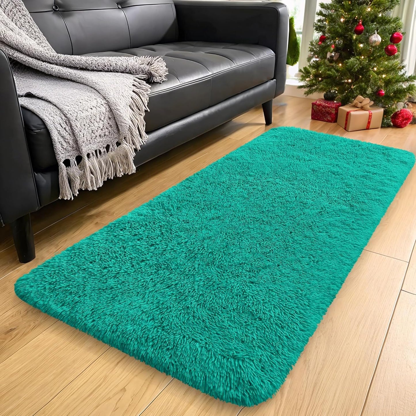 OLANLY 2x5 Soft Fluffy Machine Washable Runner Rug - Teal Green Shaggy Carpet for Bedroom & Hallway