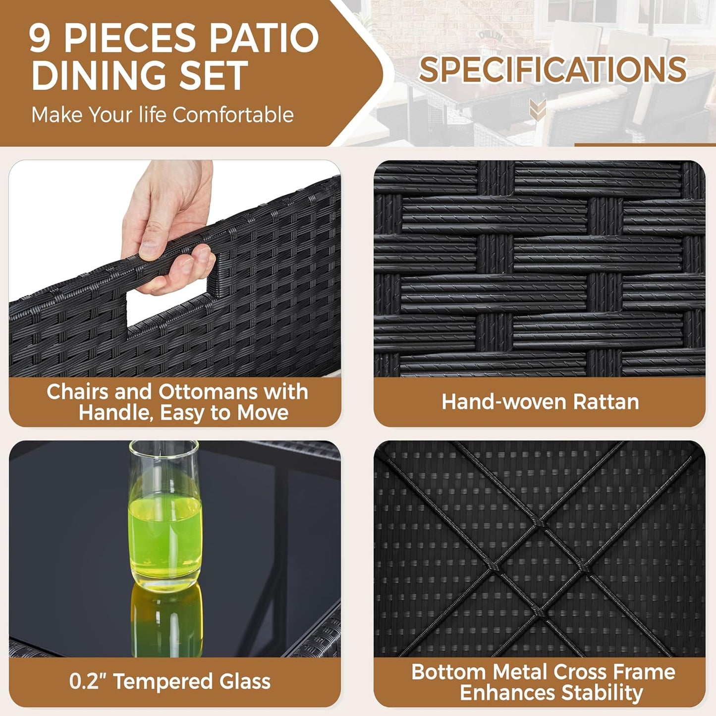 Yaheetech 9-Piece Patio Dining Set - Space-Saving Rattan Chairs & Glass Table | Black/Beige Cushions