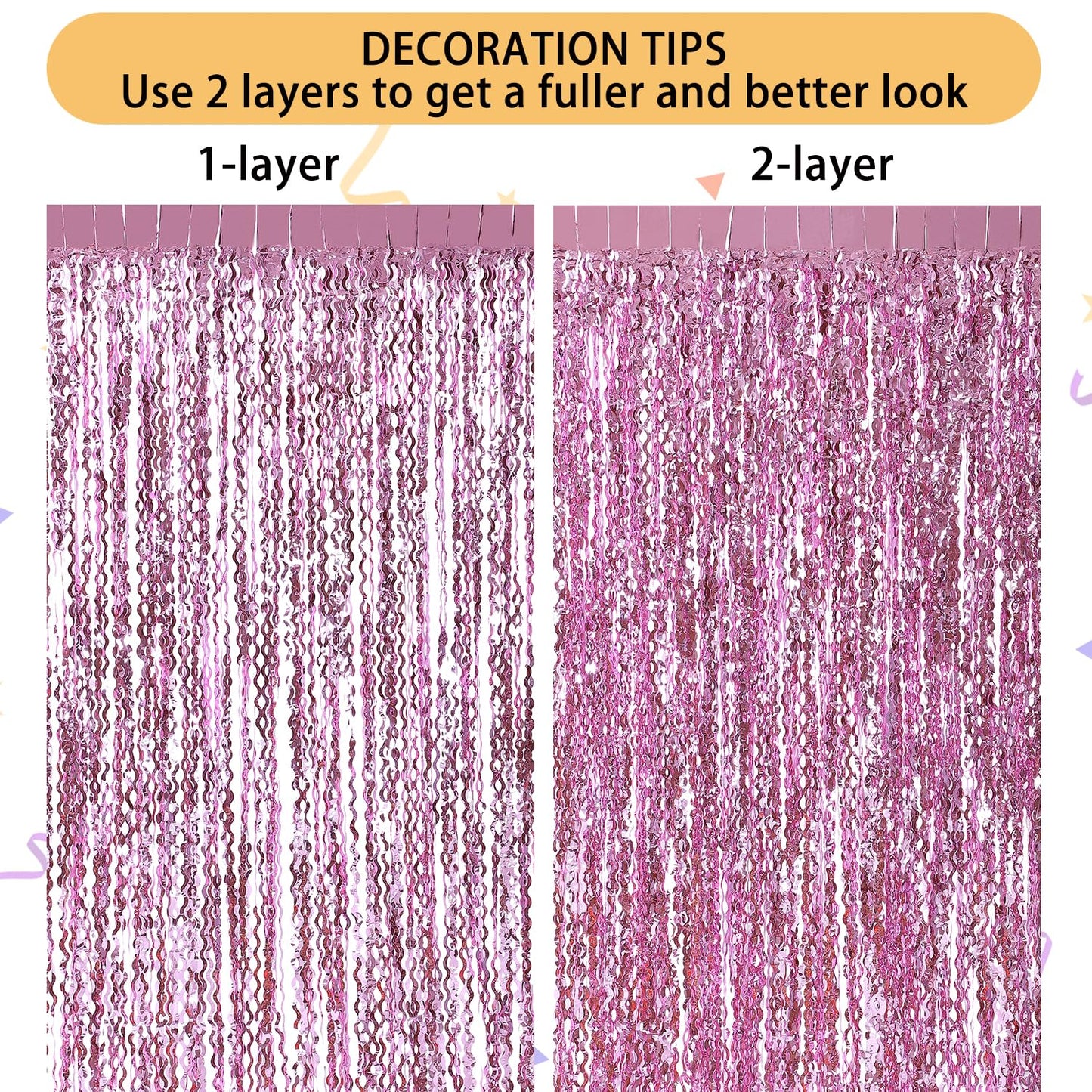 Pink Foil Fringe Curtain - Wavy Fringe Backdrop 3.3 x 6.6 Feet, Pack of 3 | Pink Streamers Party Decorations Birthday Decorations Valentine's Day Decoration Party Supplies