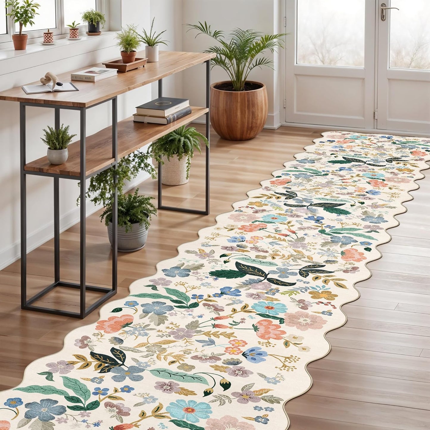 Skiennix Washable 3x12 Hallway Runner Rug - Soft Floral Scalloped Design | Non-Slip, Water-Resistant Cream Carpet for Entryway, Kitchen, and Nursery