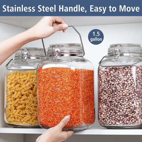 Folinstall 1.5 Gallon Glass Jar with Airtight Lid, Square Wide Mouth Mason Jars with Stainless Steel Handle, Large Glass Storage Containers for Canning, Flour, Sugar, Fermentation, Rice, Pickled Eggs