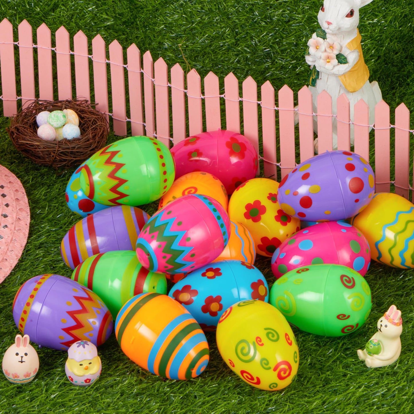 JOYIN Toy 100 PCs Plastic Printed Bright Easter Eggs, Over 3.15'' Tall Fillable Empty Eggs Bulks for Easter Hunt, Basket Stuffers Fillers, Classroom Prize Supplies, Filling Treats and Party Favor
