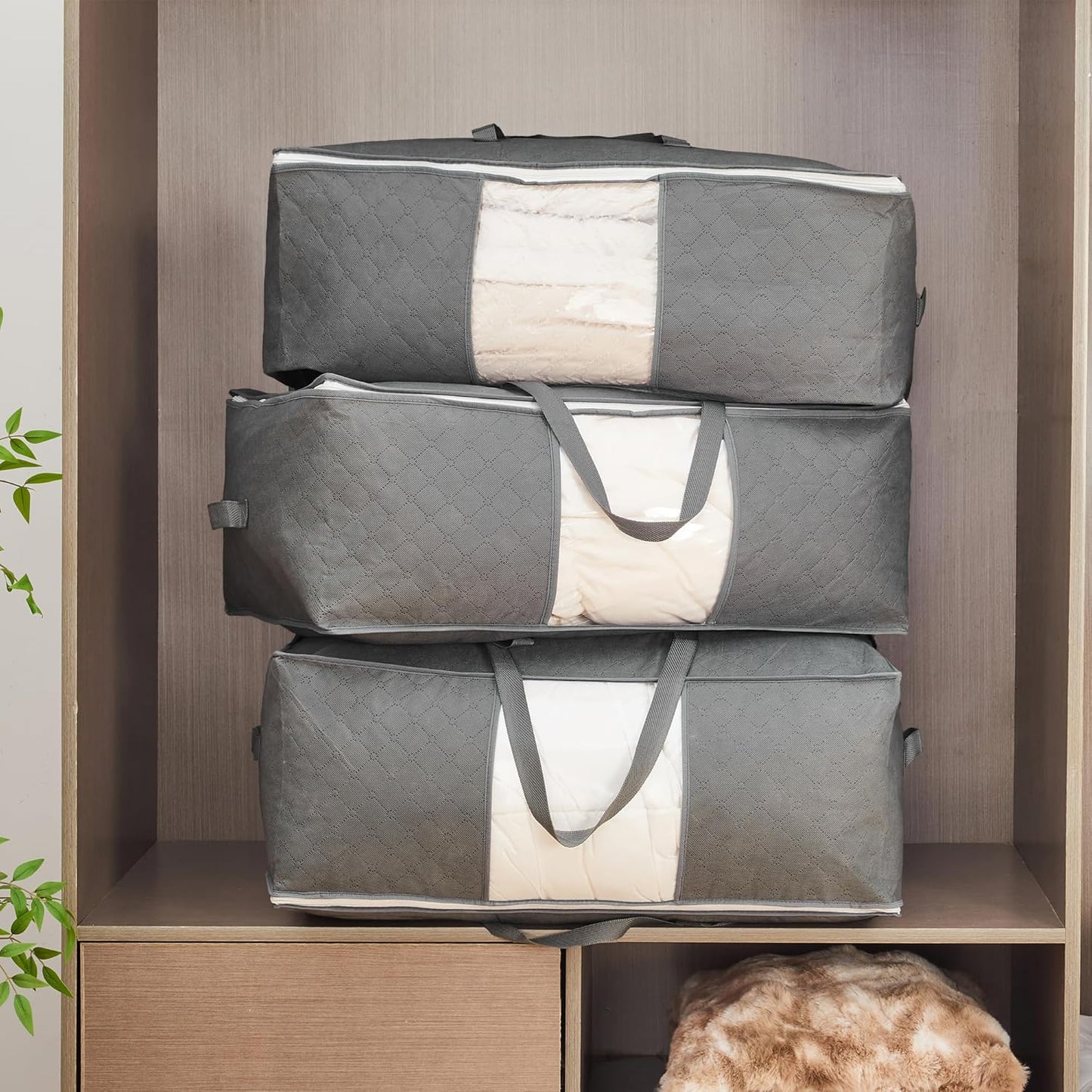 Regine Switzerland 105L Extra Large Storage Bags - Organize Blankets, Bedding & Clothes | 3-Pack Grey with Handles & Clear Window