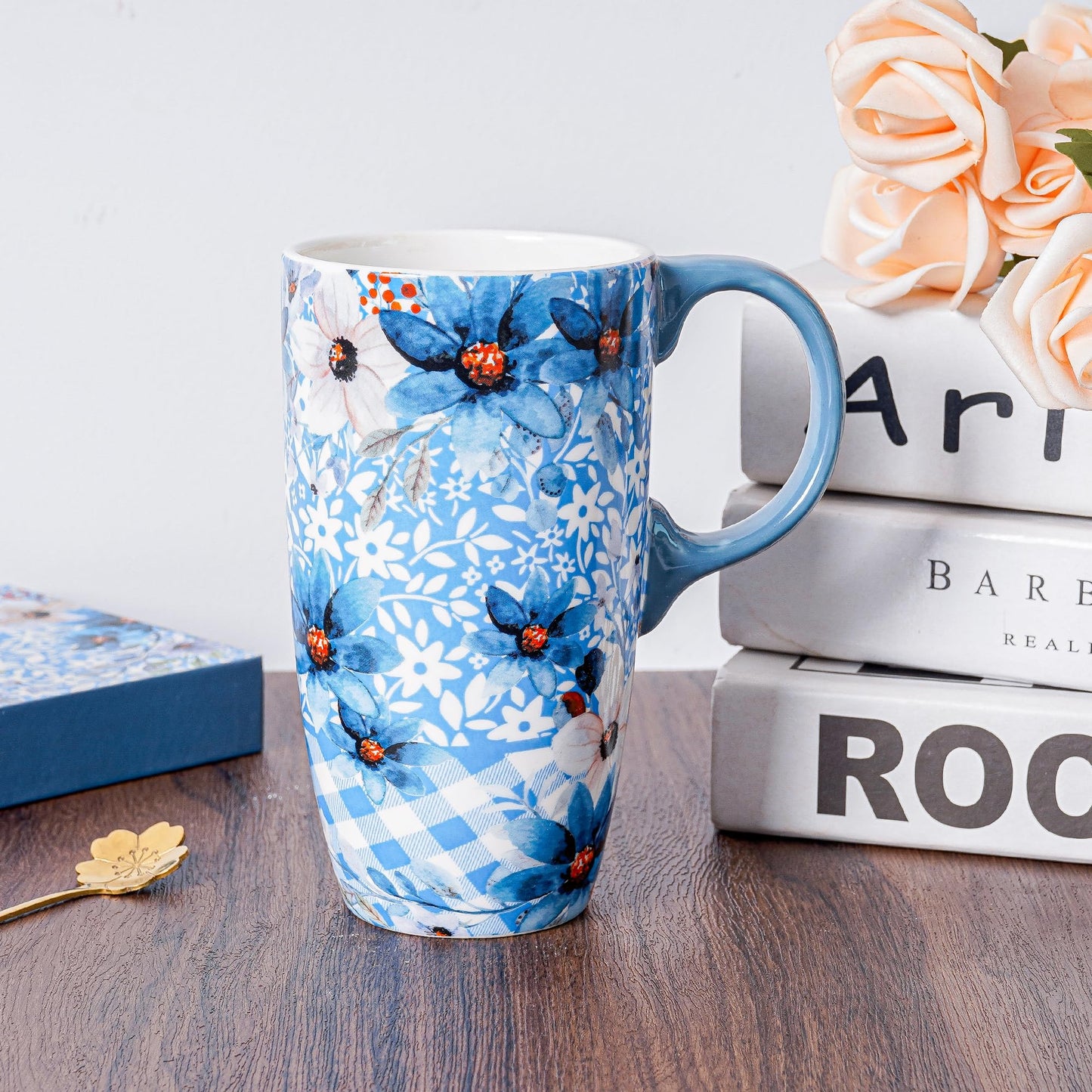 Topadorn Ceramic Coffee Mug Travel Cup Gift with Lid 17oz, Porcelain Tall Tea Cup with Handle for Home & Office, Blue Flower Art Pattern Mug in Gift Box, 6.5''H