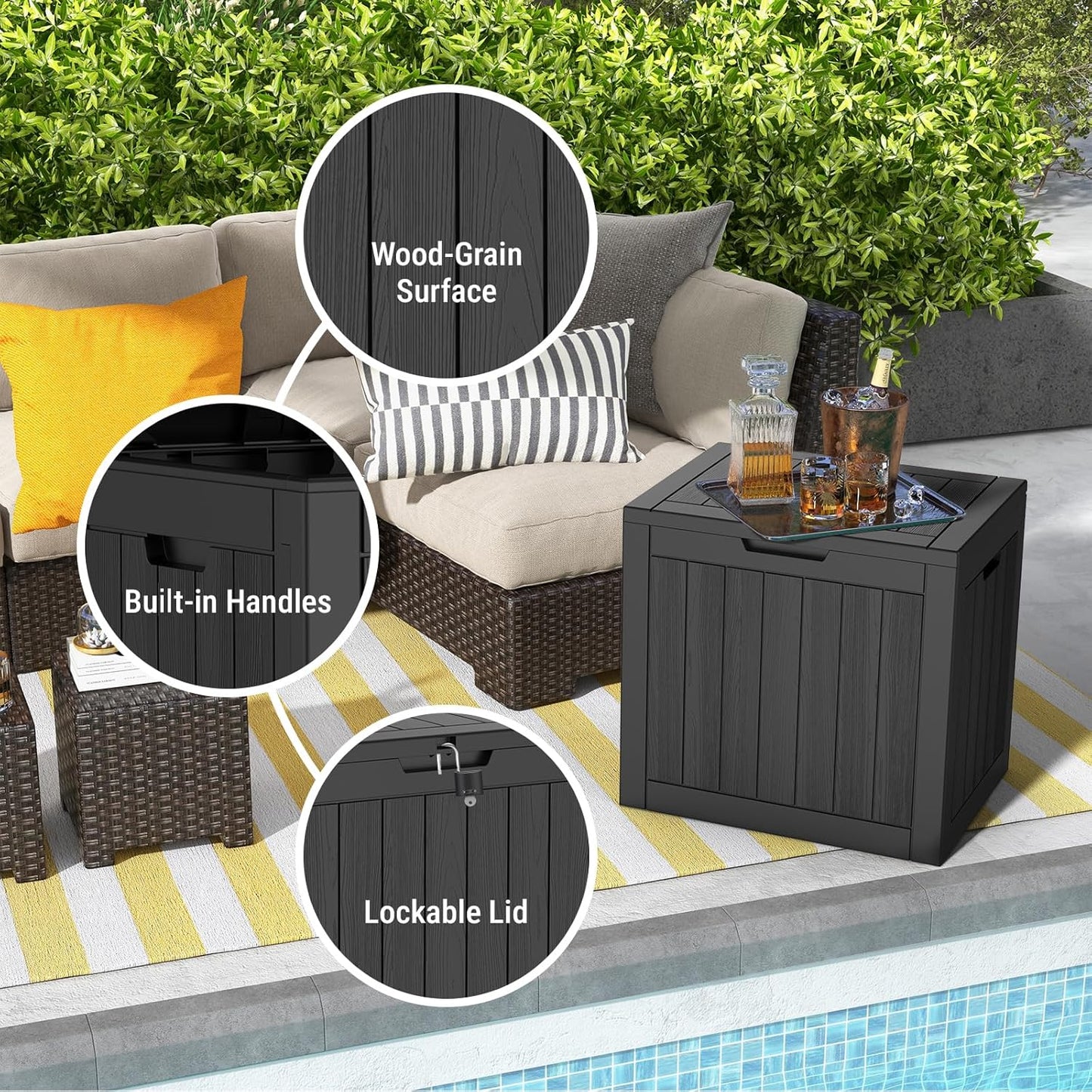 Mars Villa 31 Gallon Deck Box - Waterproof Resin Storage Bin with Lockable Lid for Outdoor Use | Black