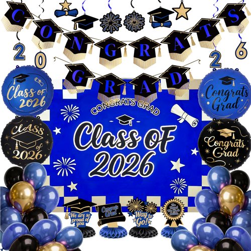 Graduation Decorations Class of 2026 Grad Party Supplies Set with Congrats Grad Backdrop Blue Banner Hanging Swirls Foil Latex Balloons Centerpieces Party Decoration Blue Black Gold 40pcs