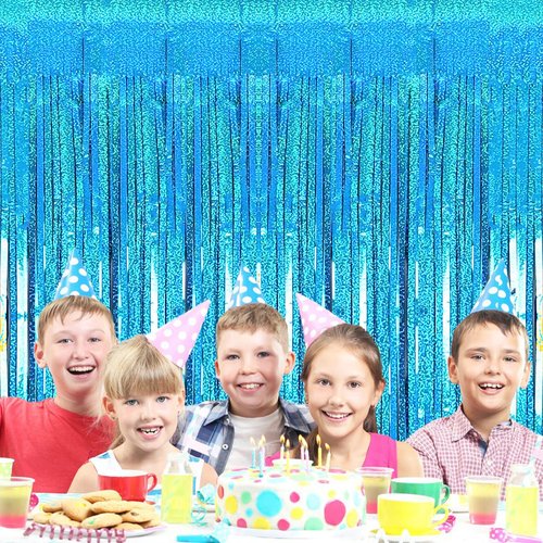 2 Pack 3.2ft x 8.2ft Blue Foil Fringe Curtains Photo Backdrop Party Decorations, Metallic Tinsel Foil Fringe Streamer Curtain for Party Door Wall Curtain Bachelorette Christmas New Year Decorations