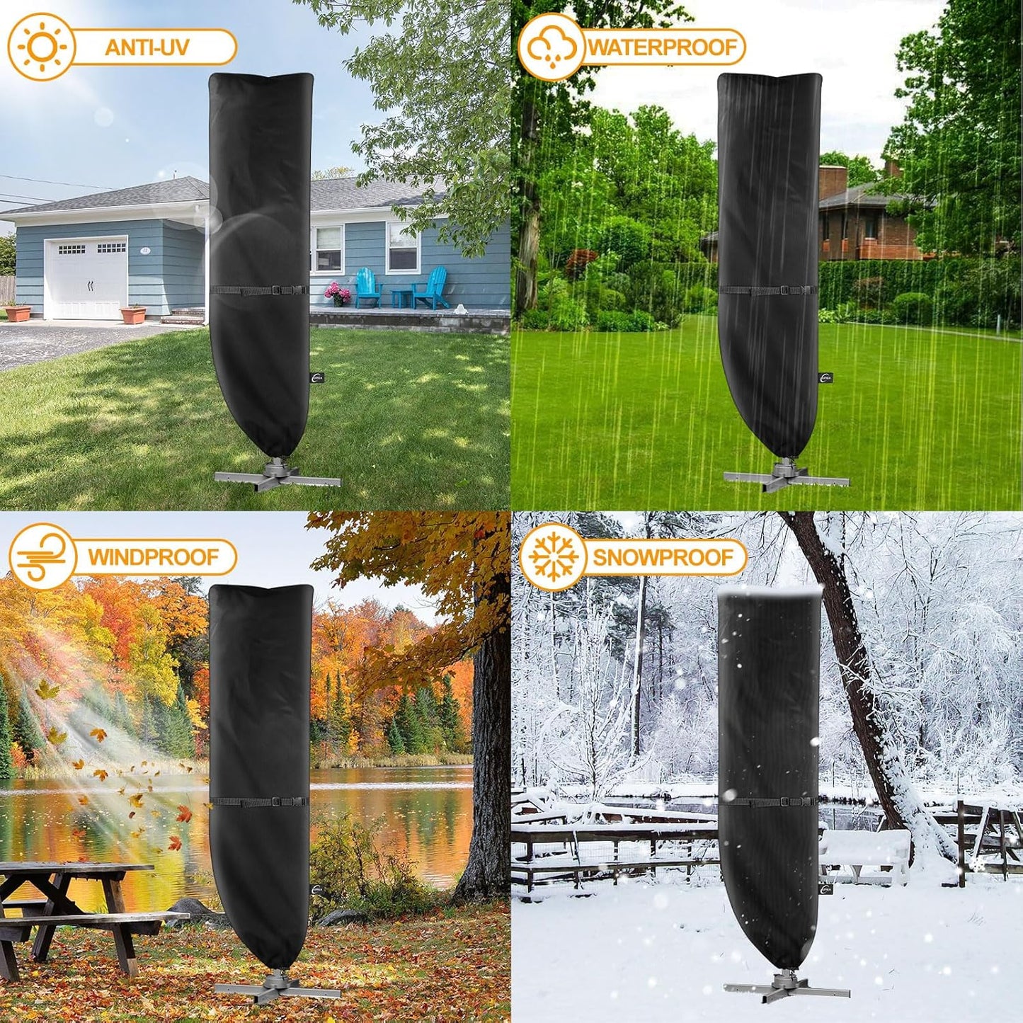 Kipiea Patio Umbrella Cover - Heavy Duty 600D for 9'-13' Cantilever Umbrellas | Includes Support Pole & Zipper