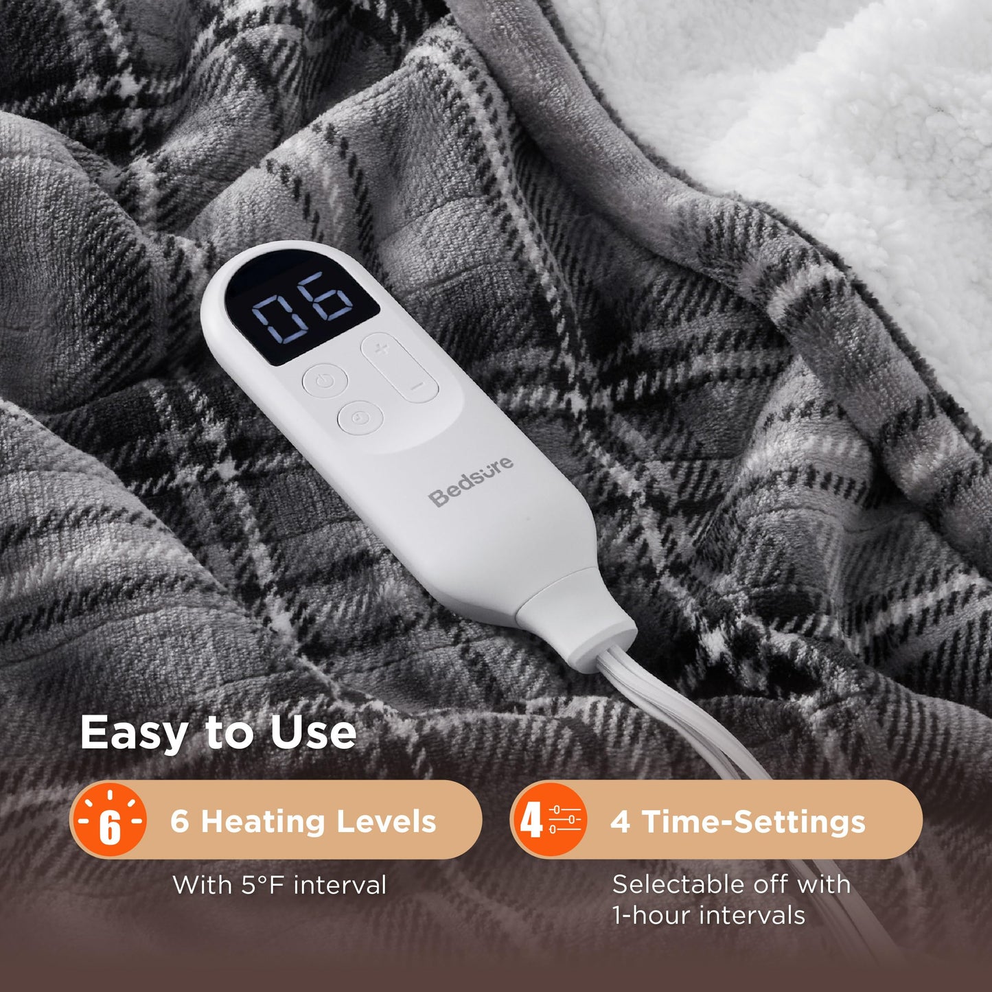 Bedsure Plaid Heated Throw Blanket - Flannel Sherpa Electric Blanket with Plaid Pattern, Heating with 6 Heating Levels, 4 Time Settings, 3-Hour Auto-Off, Warm Gifts for Grandma (Grey, 50"x60")