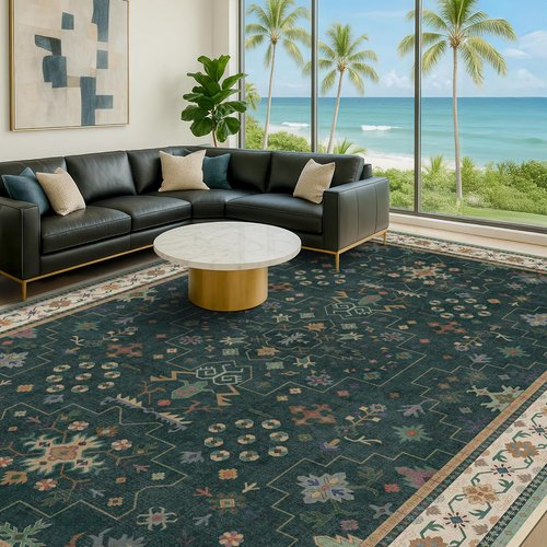 Hazo Haus Dark Green Oushak Area Rug - Modern Vintage Boho Floral Design, 10x14 Washable Non-Slip