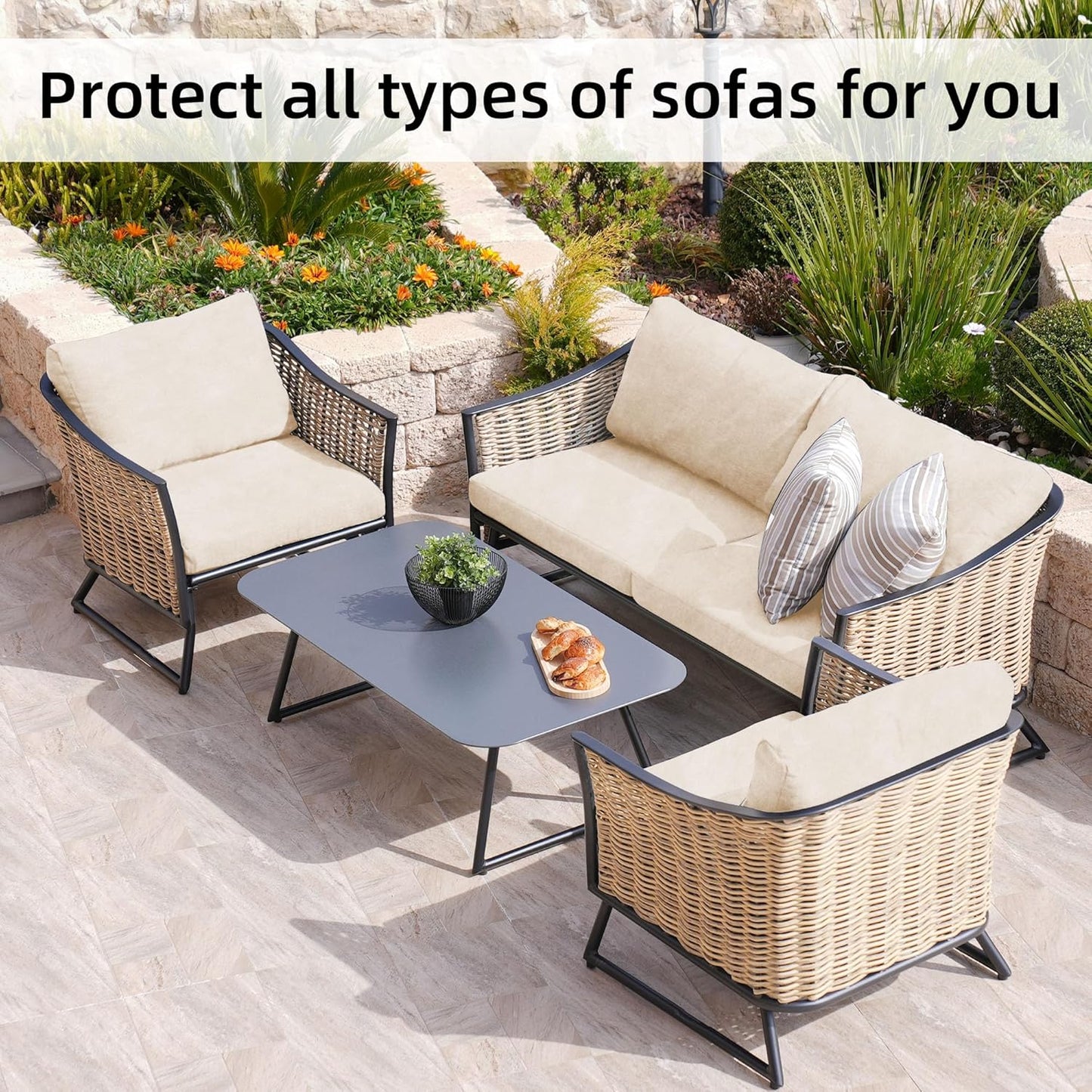 BIETYONE 8Pcs Stretch Velvet Patio Cushion Covers - Fluffy, Washable Slipcovers for Outdoor & Indoor Use | Beige