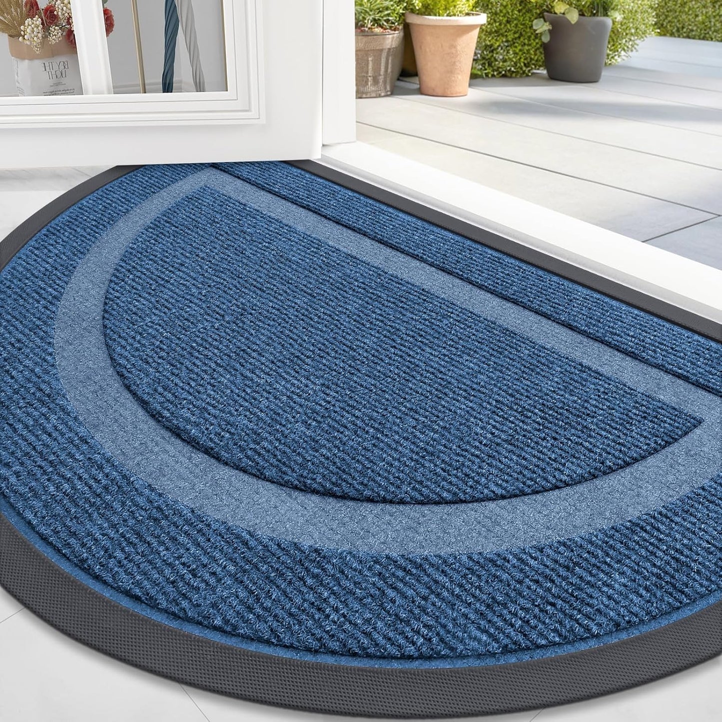 OLANLY Half Circle Door Mat - Waterproof All-Season Welcome Mat | Sturdy Natural Rubber, 47x32, Light Blue
