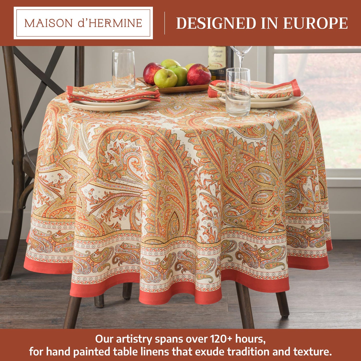 Maison d' Hermine Table Cloth Round Table 100% Cotton 63 Inches Fall Tablecloth Reusable Everyday Use for Thanksgiving Christmas Decorations Dining Farmhouse Party (Kashmir Paisley)