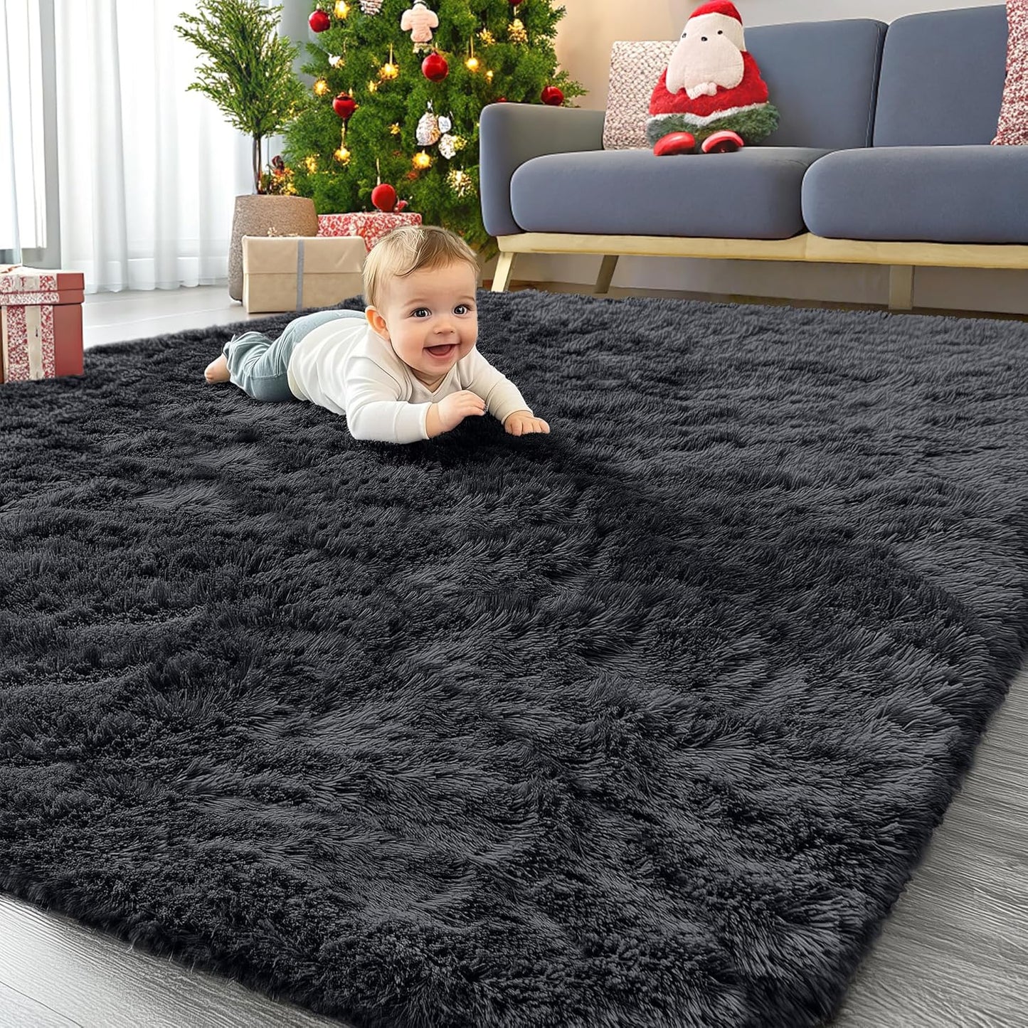 OLANLY Large Area Rug - Soft Fluffy Shaggy Carpet for Living Room & Bedroom | 7x11 ft, Black