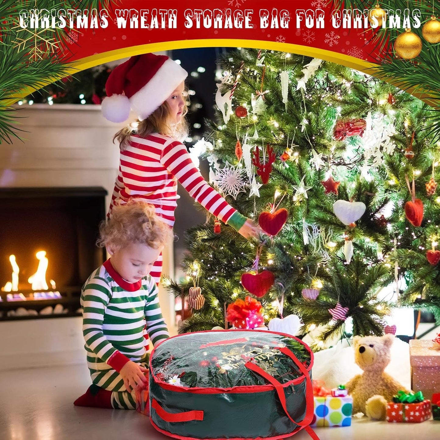 Shappy Christmas Wreath Storage Bag - 4 Pcs with Clear Window & Handles | Green, 30 x 7 Inch