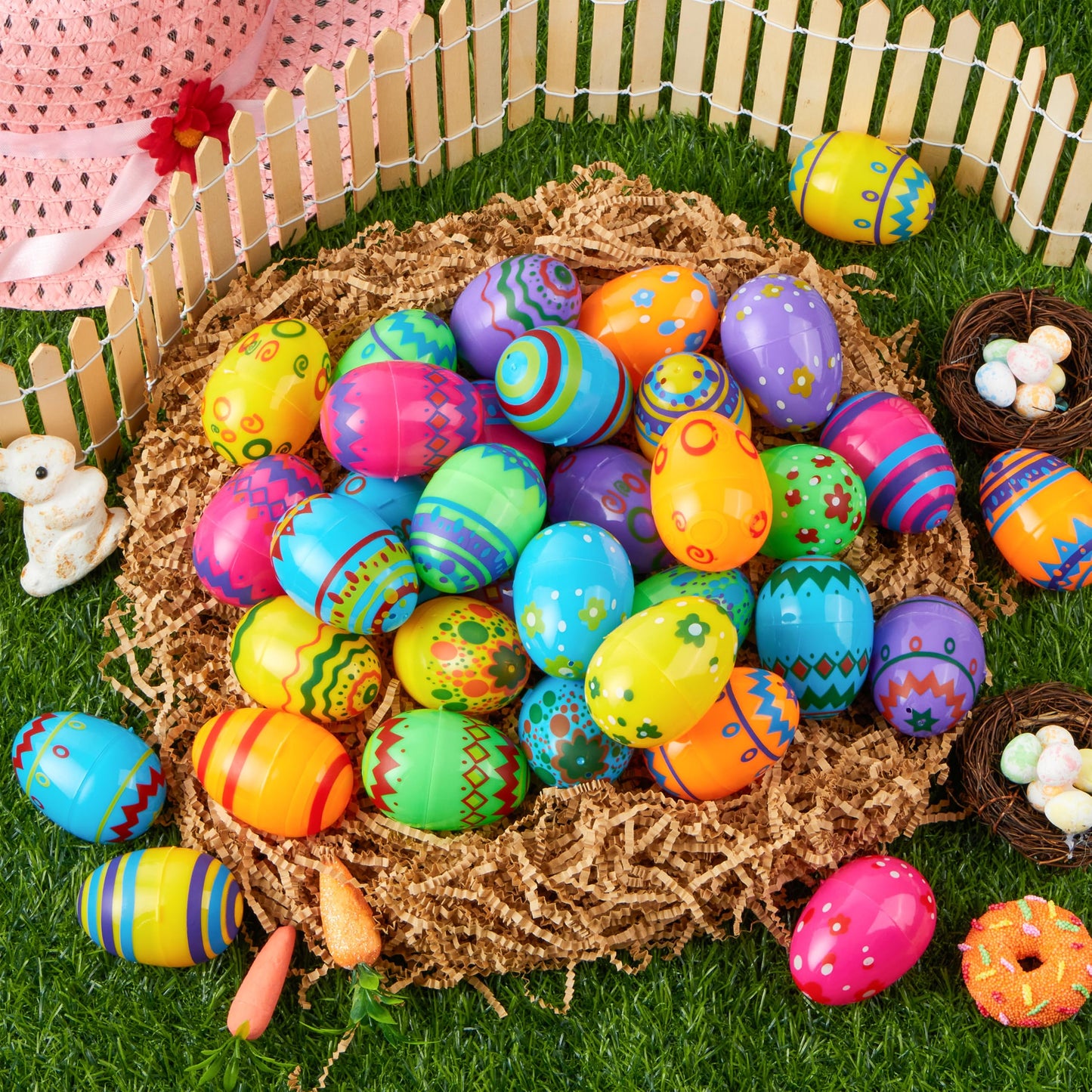 JOYIN 72PCS 2.3" Printed Empty Colorful Plastic Eggs Fillable, Bright Plastic Eggs Bulks for Festival Hunt, Filling Treats, Party Favor, Basket Stuffers, Classroom Prize Supplies