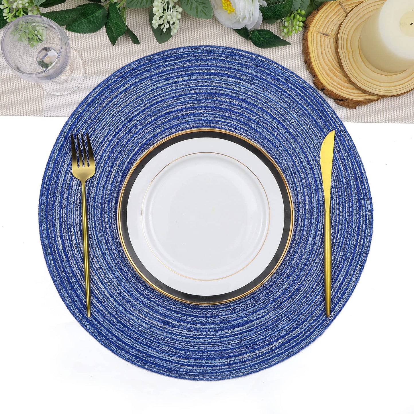 SHACOS Round Braided Placemats 15 inch Set of 6 Washable Kitchen Table Placemats for Home Wedding Party (Blue White, 6)
