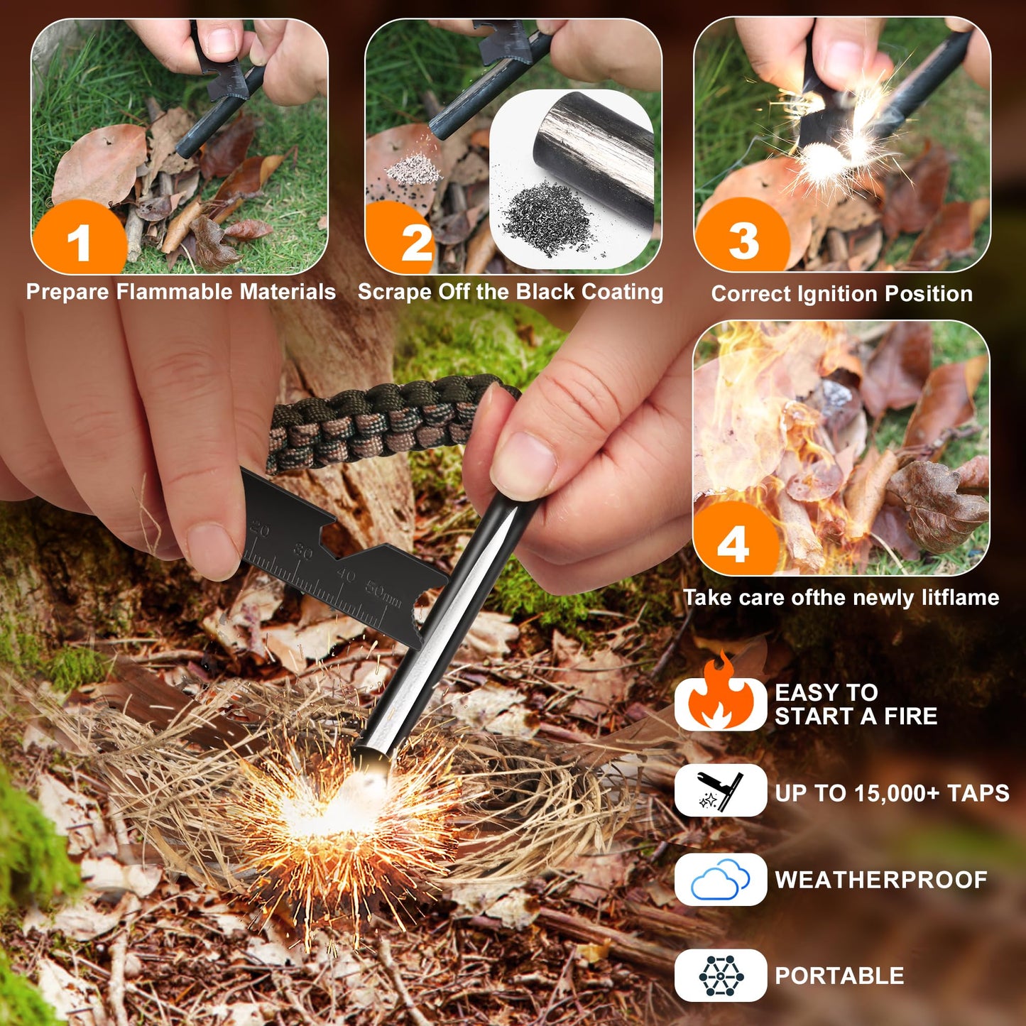 2 Pack Ferro Rod, 4 Inch Fire Starter Survival Tool, Flint and Steel for Hiking, Camping & Bushcraft, Flint Fire Starter with Paracord Handle & Waterproof Design, Emergency Survival Tool | Clwryviduu