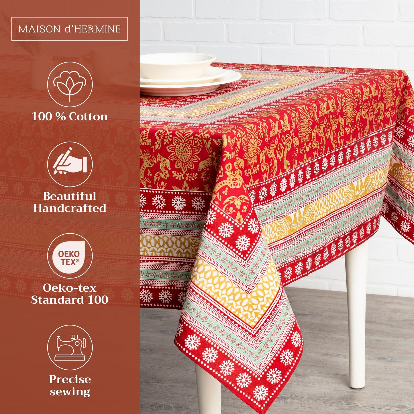 Maison d' Hermine Table Cloth Square Table 100% Cotton 54 x 54 Inches Fall Tablecloth Reusable Everyday Use for Thanksgiving Christmas Decorations Dining Farmhouse Party (Sofia)
