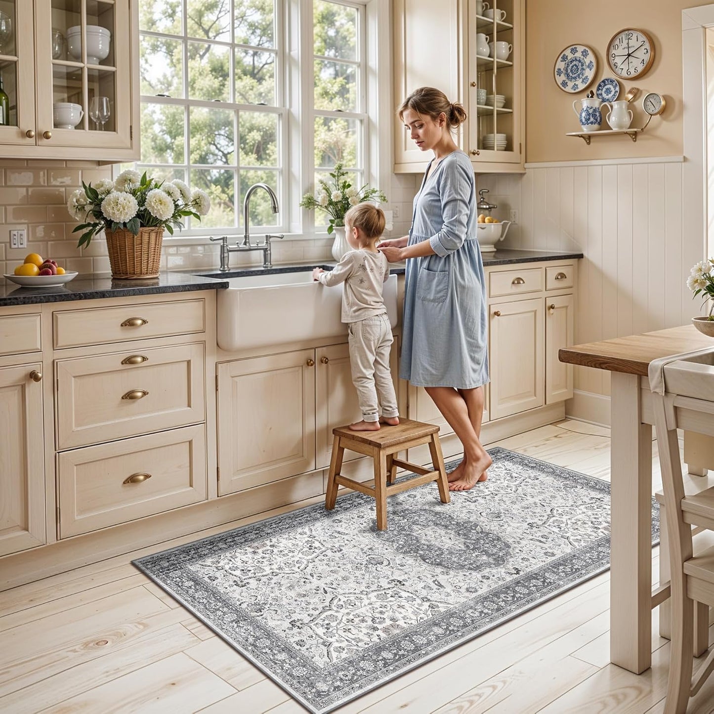 Skiennix Washable Kitchen Sink Rug - Non-Slip Soft Stain Resistant Mat | 2x4 Grey Boho Decor