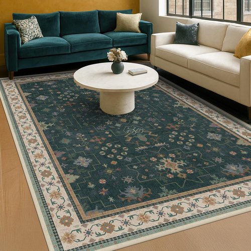 Hazo Haus Dark Green Oushak 5x7 Area Rug - Modern Vintage Boho Floral Design, Washable & Non-Slip for Living Room