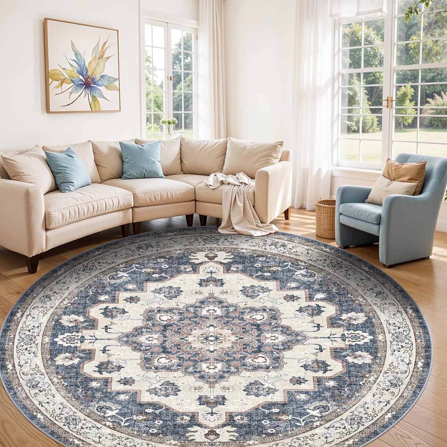Skiennix Washable Circle Rug - 6ft Round Indoor Carpet | Ultra Thin, Water Resistant, Floral Design in Blue