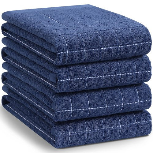 Homaxy 100% Cotton Terry Kitchen Towels(Navy Blue, 20 x 28 inches), Checkered Designed, Soft and Super Absorbent Dish Towels, Large 4 Pack