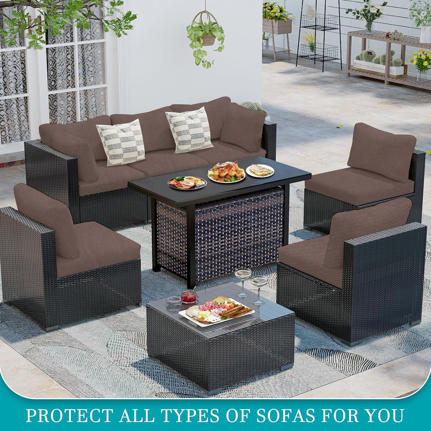 Skiennix 14-Piece Stretch Patio Cushion Covers - Washable Outdoor Sofa Slipcovers in Camel