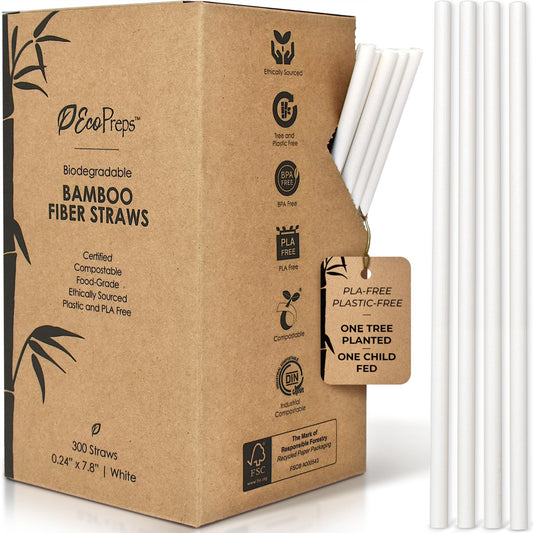 EcoPreps Biodegradable Bamboo Fiber Straws | 300 Count, 100% Compostable, Plastic-Free, Eco-Friendly Drinking Straw | 7.8'' Plant Fiber Disposable Straws, White Straw | Durable for Warm & Cold Drinks