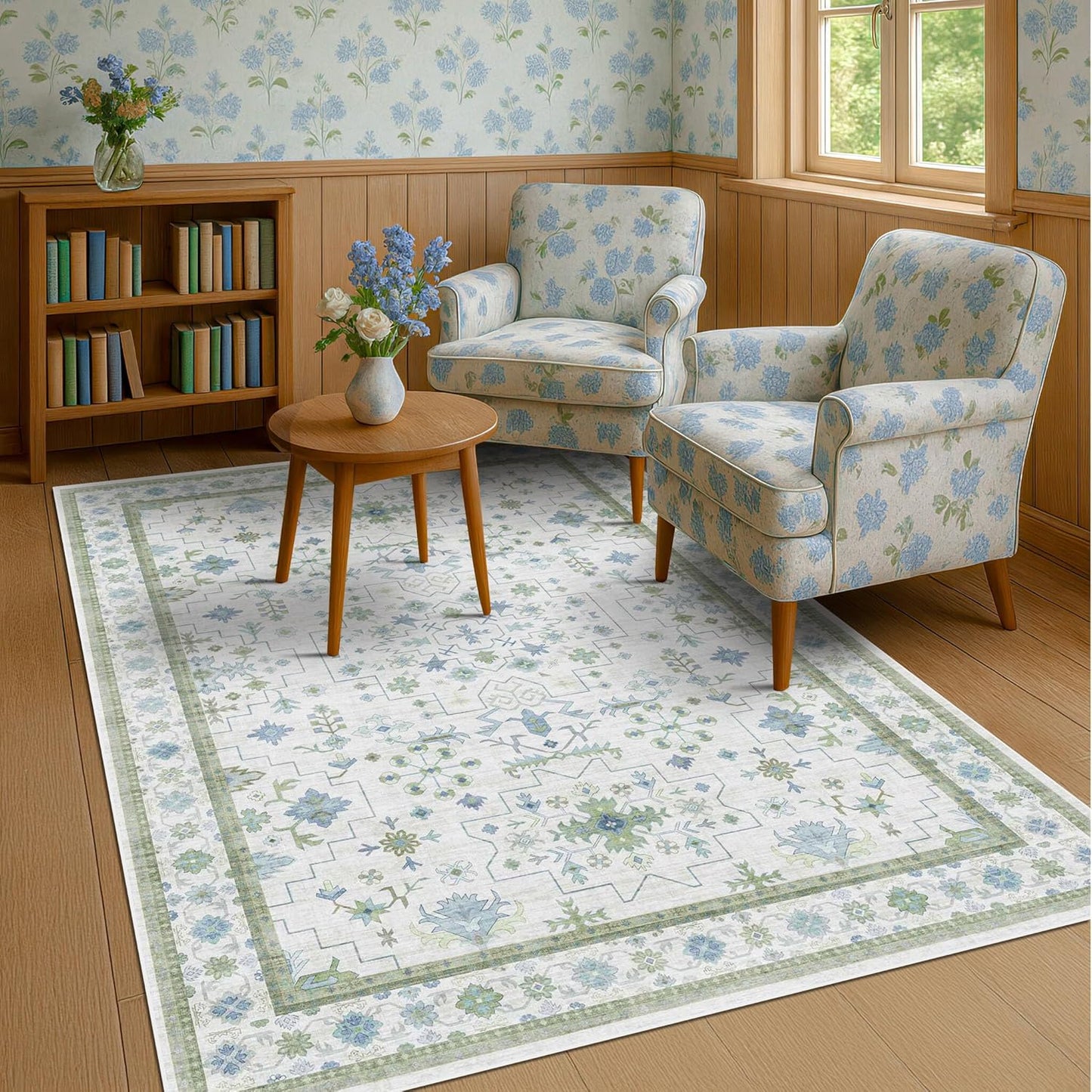 Oushak Kids Rugs - Boho Green and Blue Area Rug, Washable Low Pile, Soft 5x8 Carpet for Bedroom & Playroom