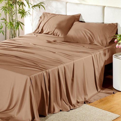 Bedsure King Size Cooling Sheets Set - Breathable Rayon from Bamboo, Soft & Silky, Deep Pocket Up to 16 Inches, Khaki