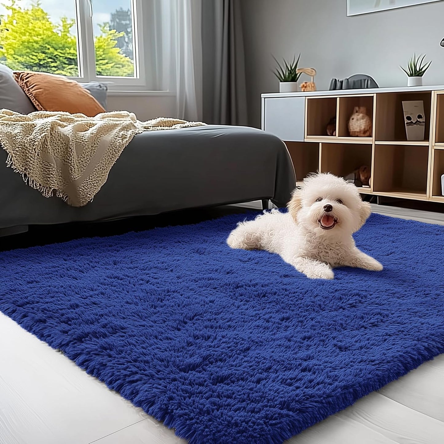 OLANLY 4x4 Soft Fluffy Shaggy Accent Rug - Machine Washable Indoor Carpet for Bedroom & Nursery | Navy Blue