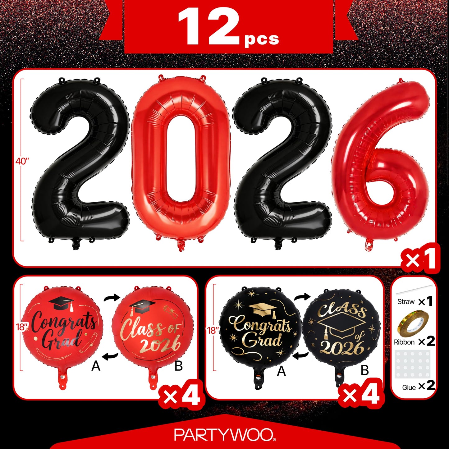 PartyWoo Graduation Balloons Class of 2026 Black Red Gold 12pcs Balloons 40 Inch 2026 Foil Number Balloons 18 Inch Congrats Grad Mylar Balloons for Black Red Graduation Decorations Party Supplies