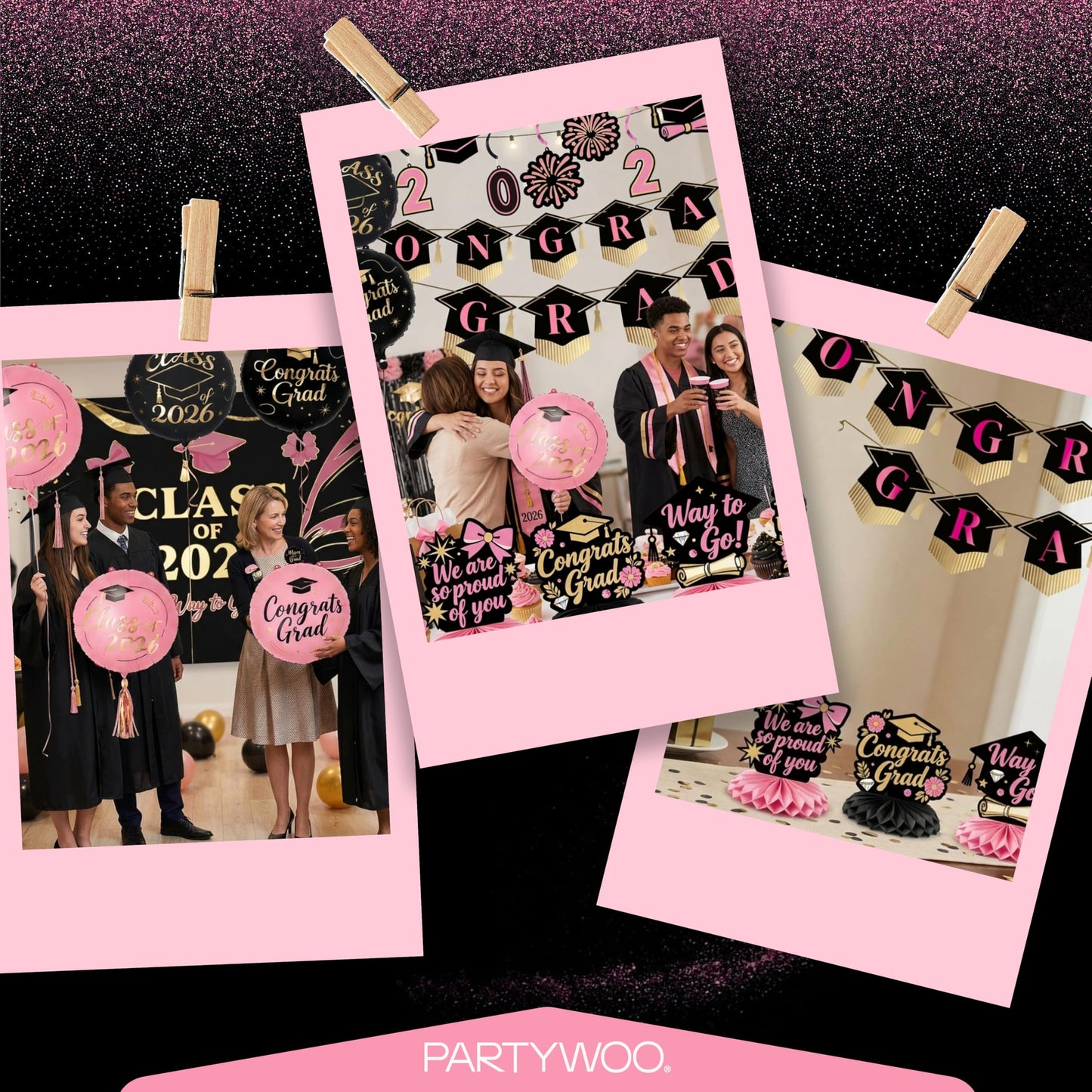 PartyWoo Graduation Decorations Class of 2026 Black Gold Pink 19pcs Grad Party Supplies with Congrats 2026 Grad Banner Hanging Swirls Foil Balloons Graduation Cap Centerpieces Party Decorations