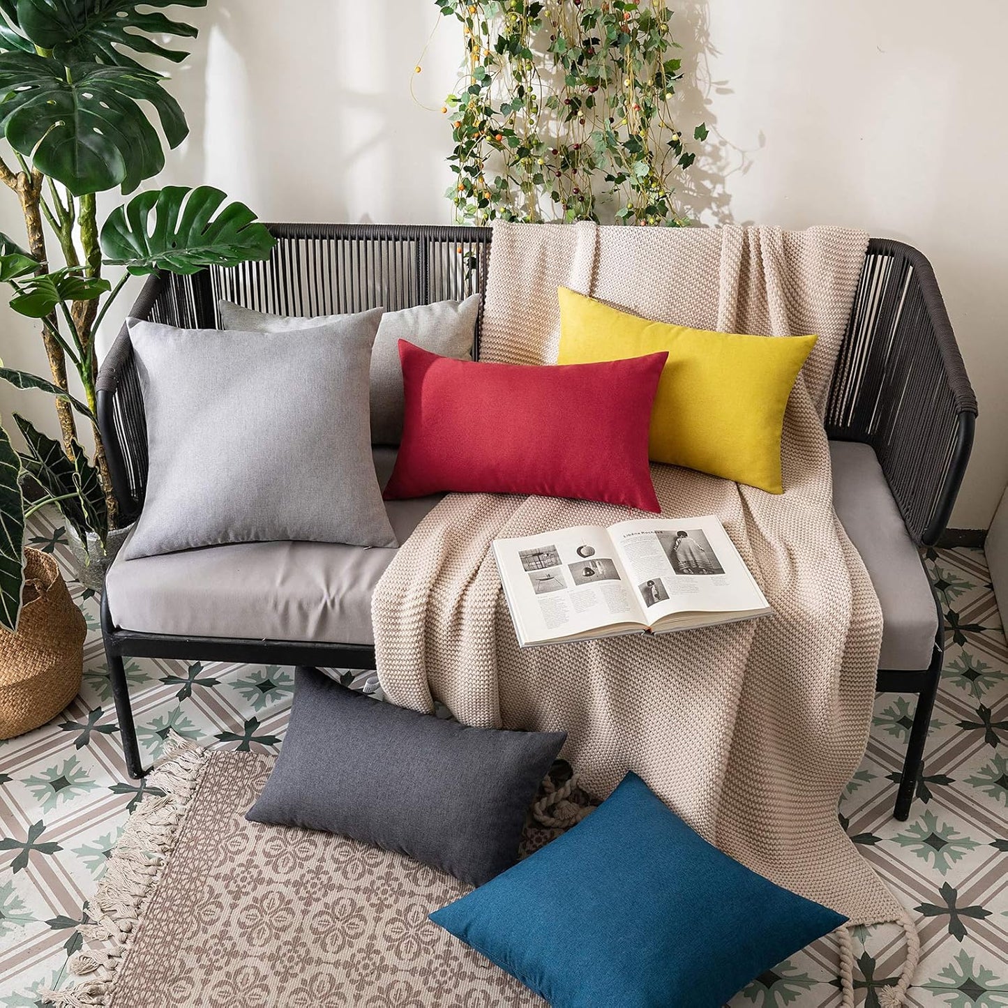 MIULEE Decorative Outdoor Throw Pillow Covers - Waterproof Faux Linen Cushion Cases | 20x12 Inch Dark Grey (Pack of 2)