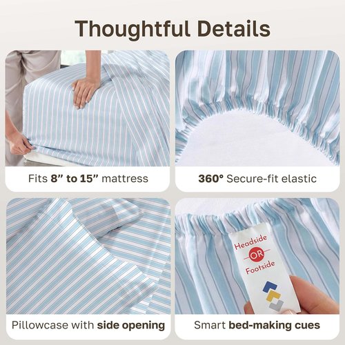 California Design Den Twin XL Cotton Sheets Set - 100% Soft Cotton, 400 Thread Count, Award-Winning Cape Stripe Blue
