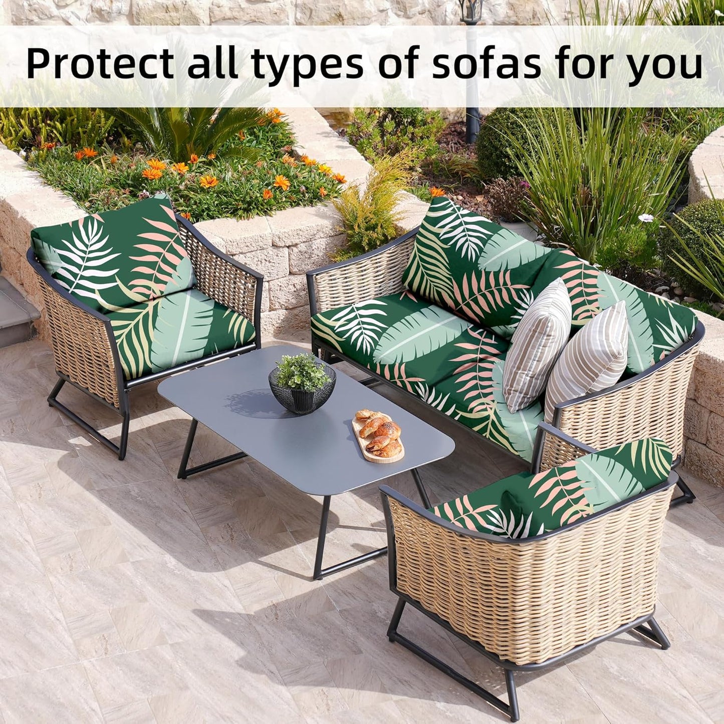Skiennix 8Pcs Stretch Patio Cushion Covers - Washable Outdoor Sofa Slipcovers | Green Forest