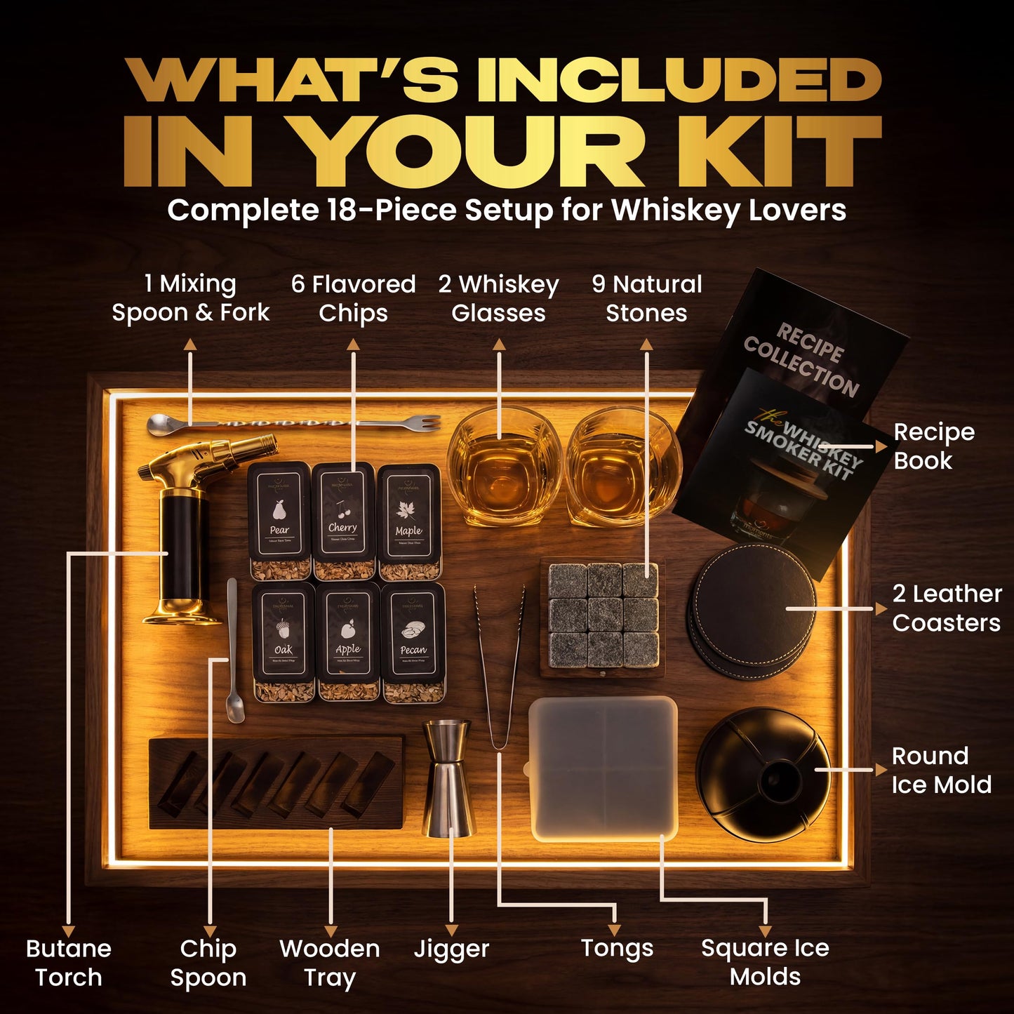 Moments by KEFF Premium Whiskey Smoker Kit – Wooden Gift Box with Torch, Smoker Lid, Square Glasses, Leather Coasters, 6 Wood Chips with Tray, Whiskey Stones, Ice Molds, Mixing Tools & Instructions