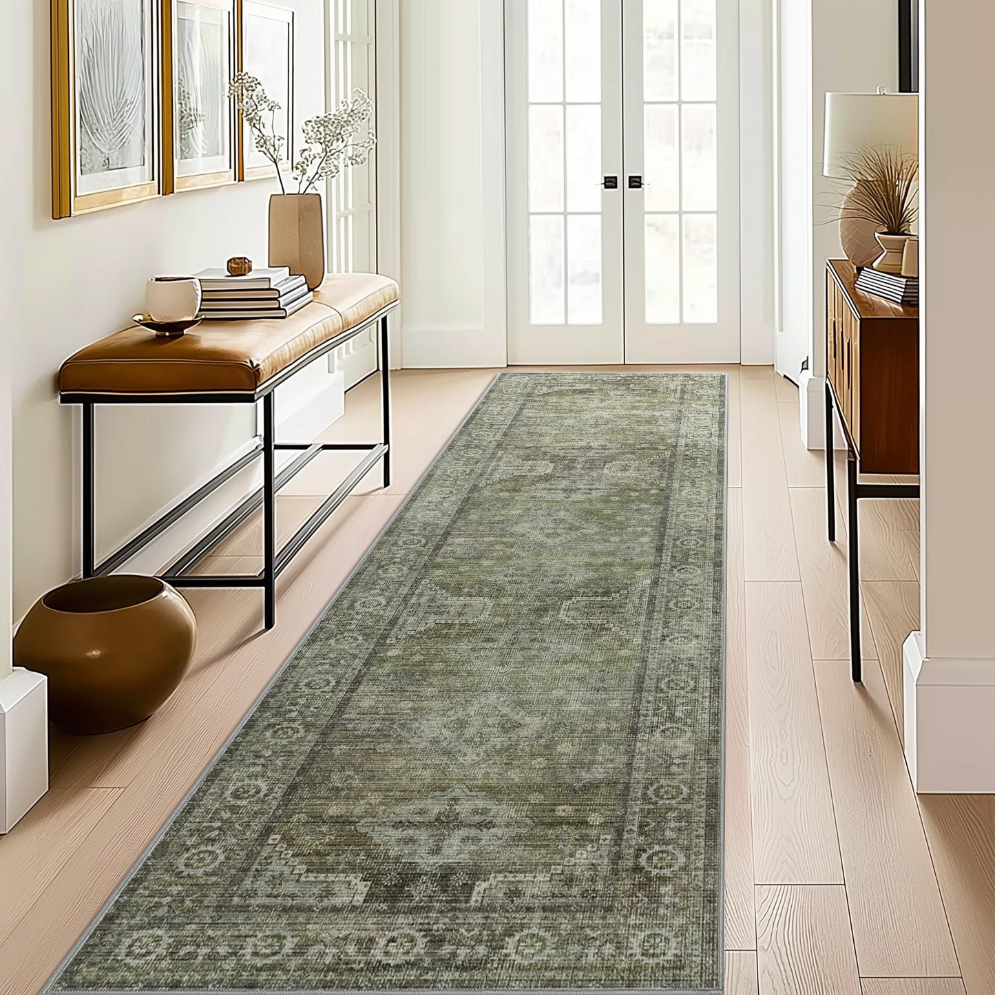 BEIMO Runner Rug 2x12 for Hallway Living Room Bedroom, Washable Thin Chenille Rug, Print Vintage Tribal Aesthetic Carpet, Low Pile Mat with Non Slip Rubber Backing, Distressed Sage