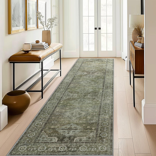 BEIMO Runner Rug 2x12 for Hallway Living Room Bedroom, Washable Thin Chenille Rug, Print Vintage Tribal Aesthetic Carpet, Low Pile Mat with Non Slip Rubber Backing, Distressed Sage