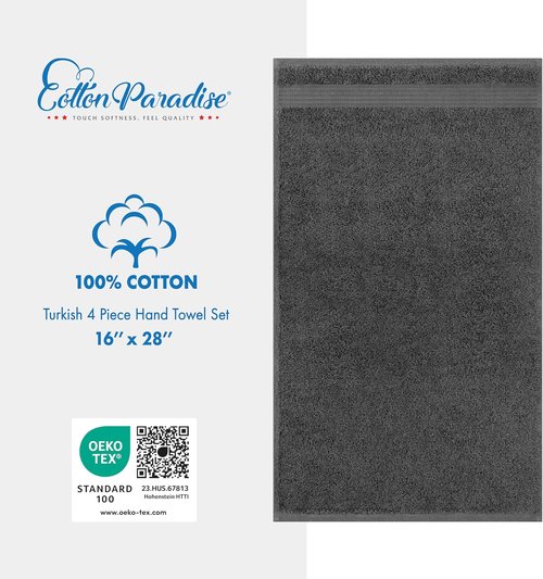 Cotton Paradise Hand Towels - 100% Turkish Cotton, Soft & Absorbent | 4-Piece Dark Gray Set