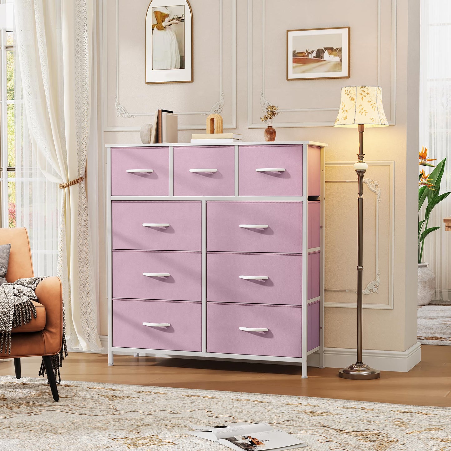 DWVO Dresser with 9 Drawers, Fabric Storage Dresser, Closet Dresser & Chest of Drawers for Living Room, Closets - Sturdy Steel Frame, Wooden Top & Easy Pull Fabric Bins(Pink)