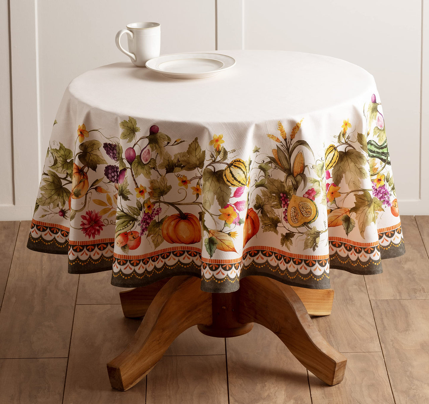 Maison d' Hermine Table Cloth Round Table 100% Cotton 63 Inches Fall Tablecloth Reusable Everyday Use for Thanksgiving Christmas Decorations Dining Farmhouse Party (Pumpkin Garden - Cloudy Cream)