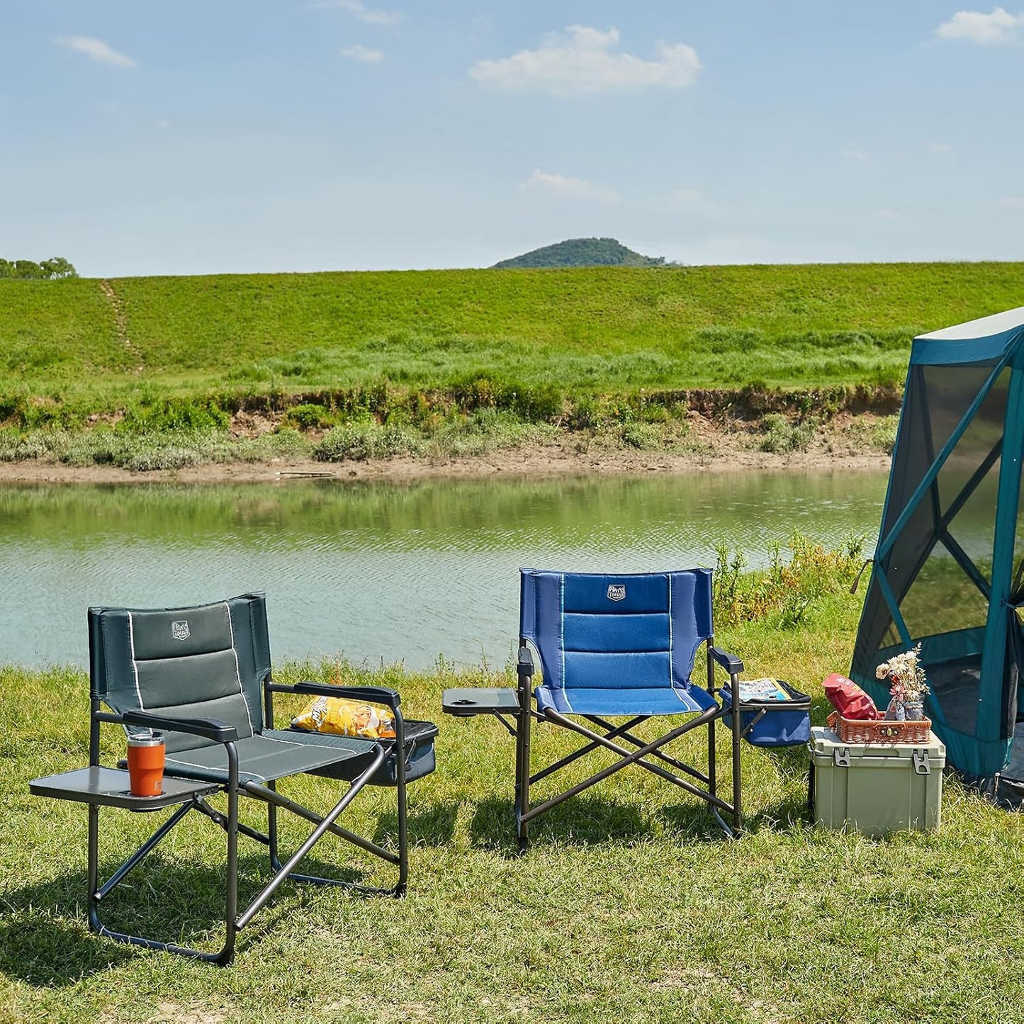 Timber Ridge XXL Oversized Directors Chair - Heavy Duty 600lbs Camping Chair with Cooler Bag & Table | Blue