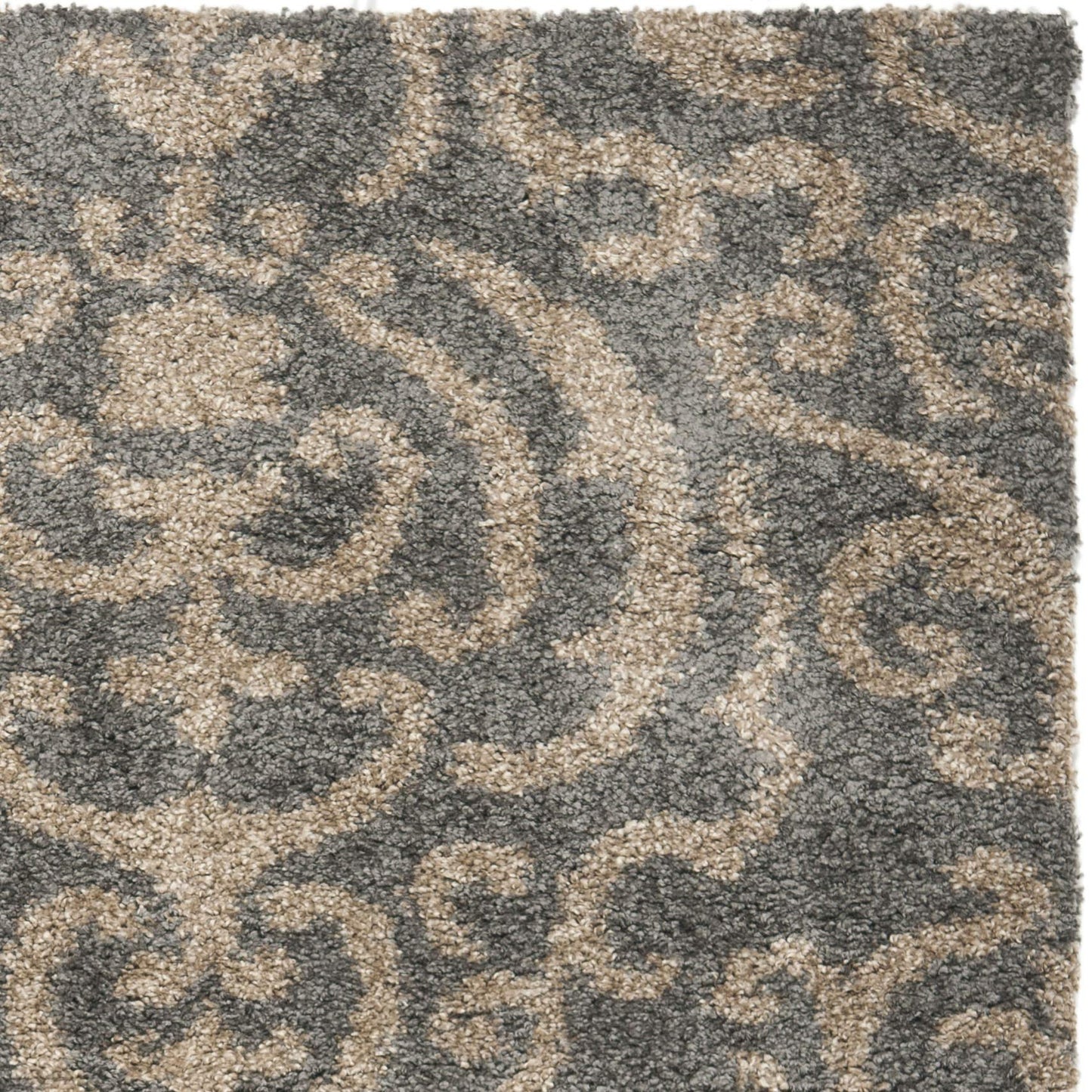 SAFAVIEH Florida Shag Collection Accent Rug - 3'3" x 5'3", Grey & Beige, Damask, Non-Shedding & Easy Care, 1.2-inch Thick Ideal for High Traffic Areas in Foyer, Living Room, Bedroom (SG462-8013)