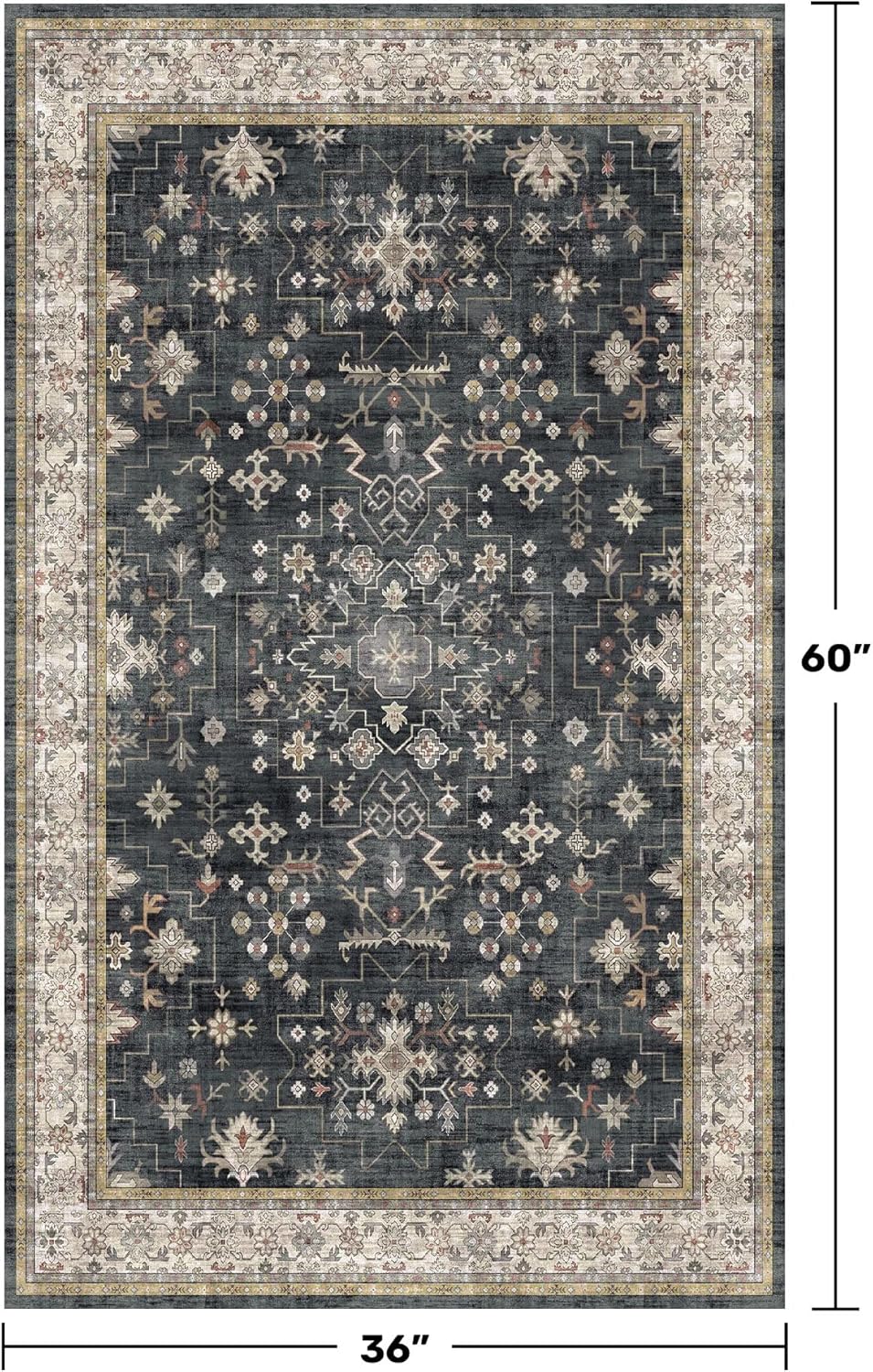 Skiennix Large 3x5 Entryway Rug - Washable Non-Slip Ultra Soft Area Rug for Kitchen & Bedroom | Distressed Boho Geometric Design, Ashen/Multi